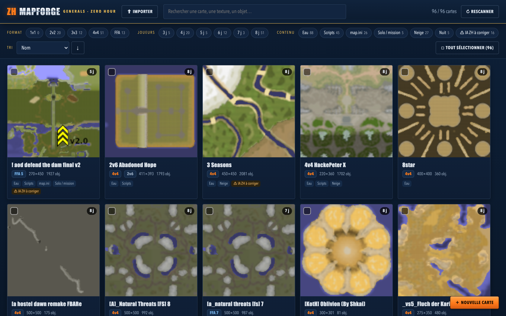 Grille du catalogue ZH MapForge avec les vignettes des cartes